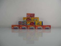 Eleven Matchbox models: 65 airport coach x 5, 17 The Londoner, MB17 bus, 66 Greyhoud coach and