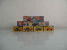 Nine Matchbox models: 6 Ford pick-up, 37 Matra Rancho, 31 caravan, 61 wreck truck, 34 Vantastic,