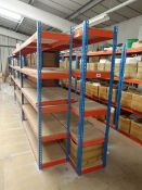 +VAT 15 bays of medium duty orange and blue boltless racking with board type shelving (the