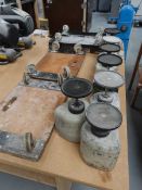 +VAT 7 Ryobi bottles for waste ink, three 4 wheel platform dollies and small flatpack shelf unit