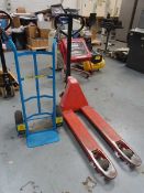 +VAT Red pallet truck with blue sack barrow