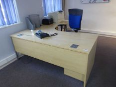 +VAT Reception area furniture to incl: 4 pink tub chairs, square coffee table, radial desk with