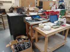 +VAT Tabletop of assorted hand tools to include; 1 red and 1 blue toolbox, spanners, saws, oil