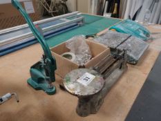 +VAT Small set of balance scales, hand operated press with grommets, digital scales used for paint