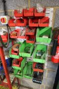 +VAT Wall mounted linbin rack of sundry fixings together with 2 racks of drill bits etc.