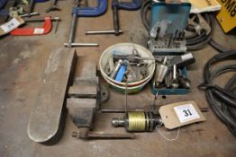 +VAT Small Woden vice, Tapmatic 30X tapping head together with sundry drill bits etc.