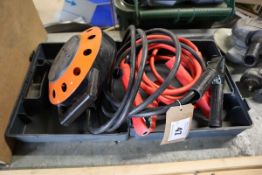 +VAT Set of jump leads, extension lead and a box of miscellaneous electronic parts