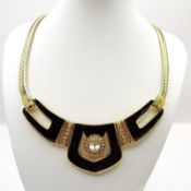 Vintage Bergdorf Goodman Black Enamel and Crystal Necklace c. 1980's