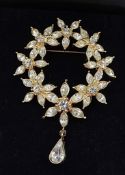 Vintage Signed Monet Gold Plated Crystal Laurel Wreath Brooch