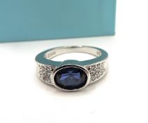 Sterling Silver Simulated Sapphire & Diamond Ring New With Gift Pouch