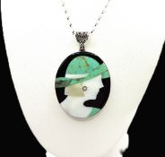 Artisan Art Deco Style Sterling Silver Gemstone Inlay Pendant Necklace