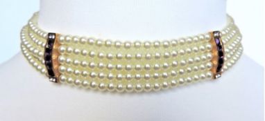 Five Strand Pearl & Crystal Choker Necklace New With Gift Box