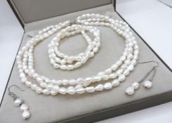 Sterling Silver Cultured Pearl Necklace, Bracelet and Earrings Set 'New RRP £168'
