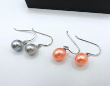 2 Pairs Sterling Silver Cultured Pearl Earrings New With Gift Pouch