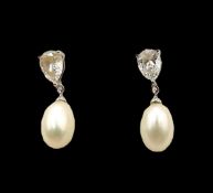 Sterling Silver Pearl & CZ Gemstone Drop Earrings New With Gift Pouch