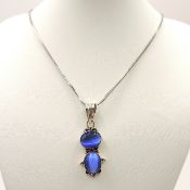 Vintage Artisan Sterling Silver Chatoyant Blue Cats Eye Pendant Necklace