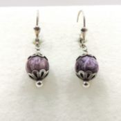 Artisan Sterling Silver Charoite Gemstone Bead Drop Earrings