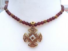 Garnet Bead Maltese Cross Pendant Necklace