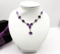 Sterling Silver 30 Carat Cabochon Amethyst Gemstone Necklace New With Gift Box