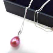Pink Cultured Pearl Pendant Necklace Sterling Silver New With Gift Pouch