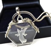Art Deco Sterling Silver Mounted Reverse Carved Rock Crystal Angel Pendant c.1920's