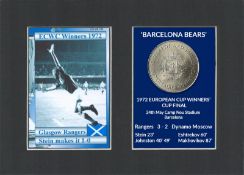 Stein Makes It 1-0 Rangers Barcelona Bears 1972 ECWC Mounted Card & Coin Set.