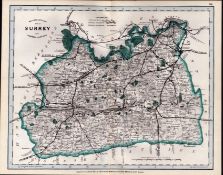 County Surrey Cruchley Scarce Antique Railways & Stations Coloured Map.