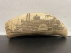 Vintage Scrimshaw 16 Cm Long Engraved Faux Tusk With Paddle