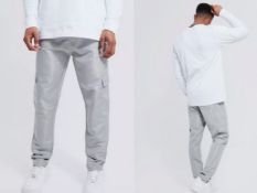 Brand New BooHoo Mens Grey Skinny Fit Shell Cargo Trousers Size S