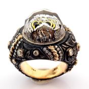 Hand-Made Gold & Silver Ring. Topaz With Reversely Engraved Intaglio Owl and Brilliant Diamonds