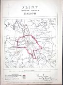 St Asaph Flintshire Wales Boundary Commission 157-Year-Old Coloured Antique Map.