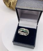 Vintage 14k White Gold Diamond & Emerald Waves Crisscross Ring 5gm Size O