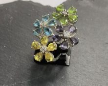 Vintage Statement Multi Coloured Semi Precious Floral 925 Silver Ring Size P 10.97g