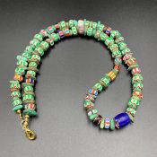 Tiny Chevron Trade Glass Beads With Antique Turquoise ChipStone Beads Necklace