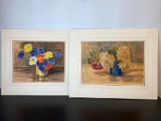 2 x Original Vintage Watercolour Painting Still Life Flowers - Hilda Short 1928
