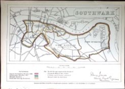 London Southwark Boundary Commission 157-Year-Old Coloured Antique Map.