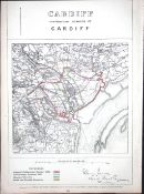 Cardiff City & District Wales Boundary Commission 157-Year-Old Coloured Antique Map.