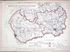 South Lancashire Boundary Commission 157-Year-Old Coloured Antique Map.