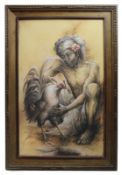 Man & Cockerel By Nyoman Ridi (Indonesian, 1945-)