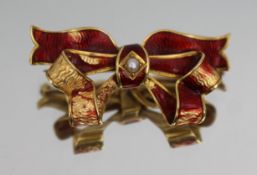 18ct Gold Enamel Pearl Bow Form Brooch