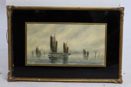 Late Victorian Boats Watercolour With Verre Eglomise Surround
