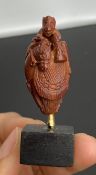 Antique Chinese 19th C Carved Hediao Nut Bead Monkey On Horse With A Sack Rare