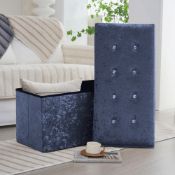 Velvet Cushioned Ottoman Storage Deep Blue Sea With Jewel
