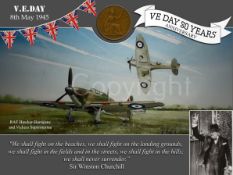 VE Day 80th Anniversary Designed Metal Art Coin Display Hawker Spitfire & Hurricane