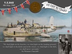 VE Day 80th Anniversary Metal Art Coin Display Sunderland Flying Boat