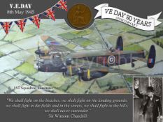 VE Day 80th Anniversary Designed Metal Art Coin Display 153 Squadron Lancaster