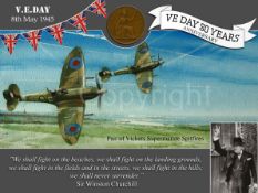 VE Day 80th Anniversary Designed Metal Art Coin Display Hawker Supermarine Spitfire