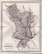 Derbyshire Cruchley Scarce Antique Railways & Stations 160 Years-Old Coloured Map.