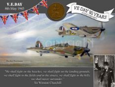VE Day 80th Anniversary Designed Metal Art Coin Display Pair Hawker Hurricanes