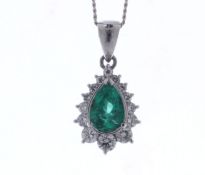 Platinum Pear Cluster Claw Set Diamond and Emerald Pendant and Chain (E0.94) 0.61 Carats